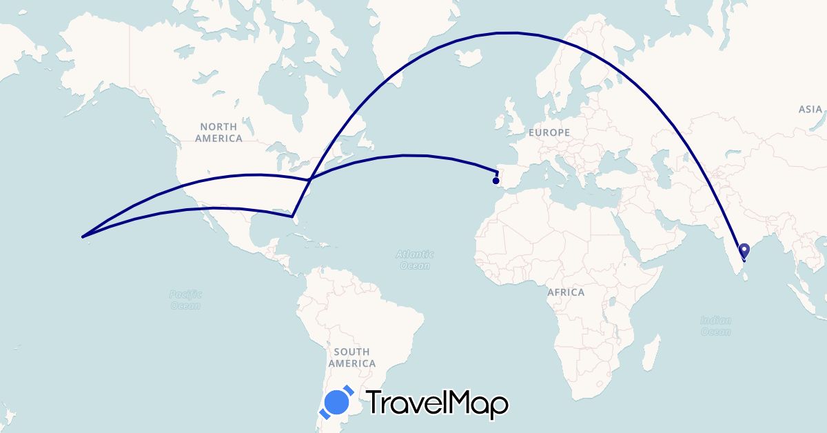 TravelMap itinerary: driving in India, Portugal, United States (Asia, Europe, North America)